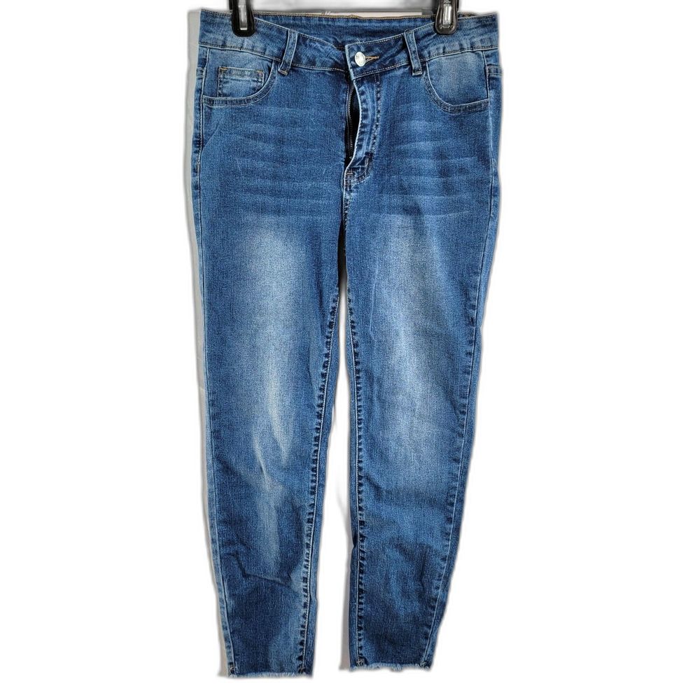Medium Wash Cotton Blend High Waist Ripped Hem Skinny Jeans Women Size 32